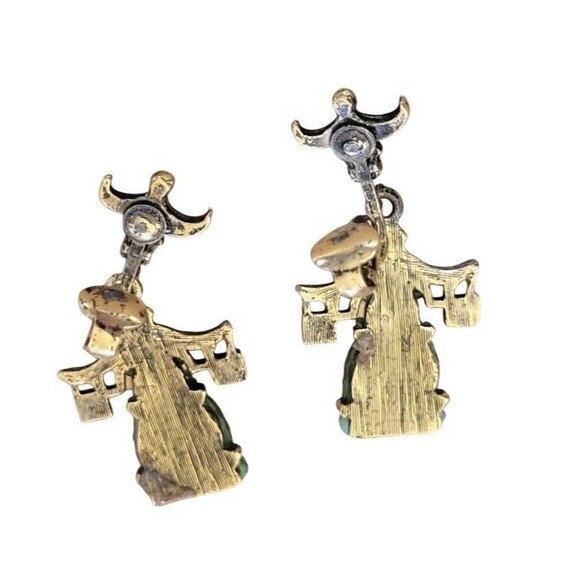 Rare Vintage Ambasador MCM Jadeite Buddha Pagoda Dangle Clip Seed Pearl Earrings - Picture 4 of 6